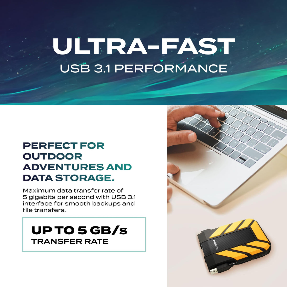 ADATA HD710 Pro 2TB USB 3.1 IP68 Waterproof/Shockproof/Dustproof Ruggedized External Hard Drive, YELLOW (AHD710P-2TU31-CYL)