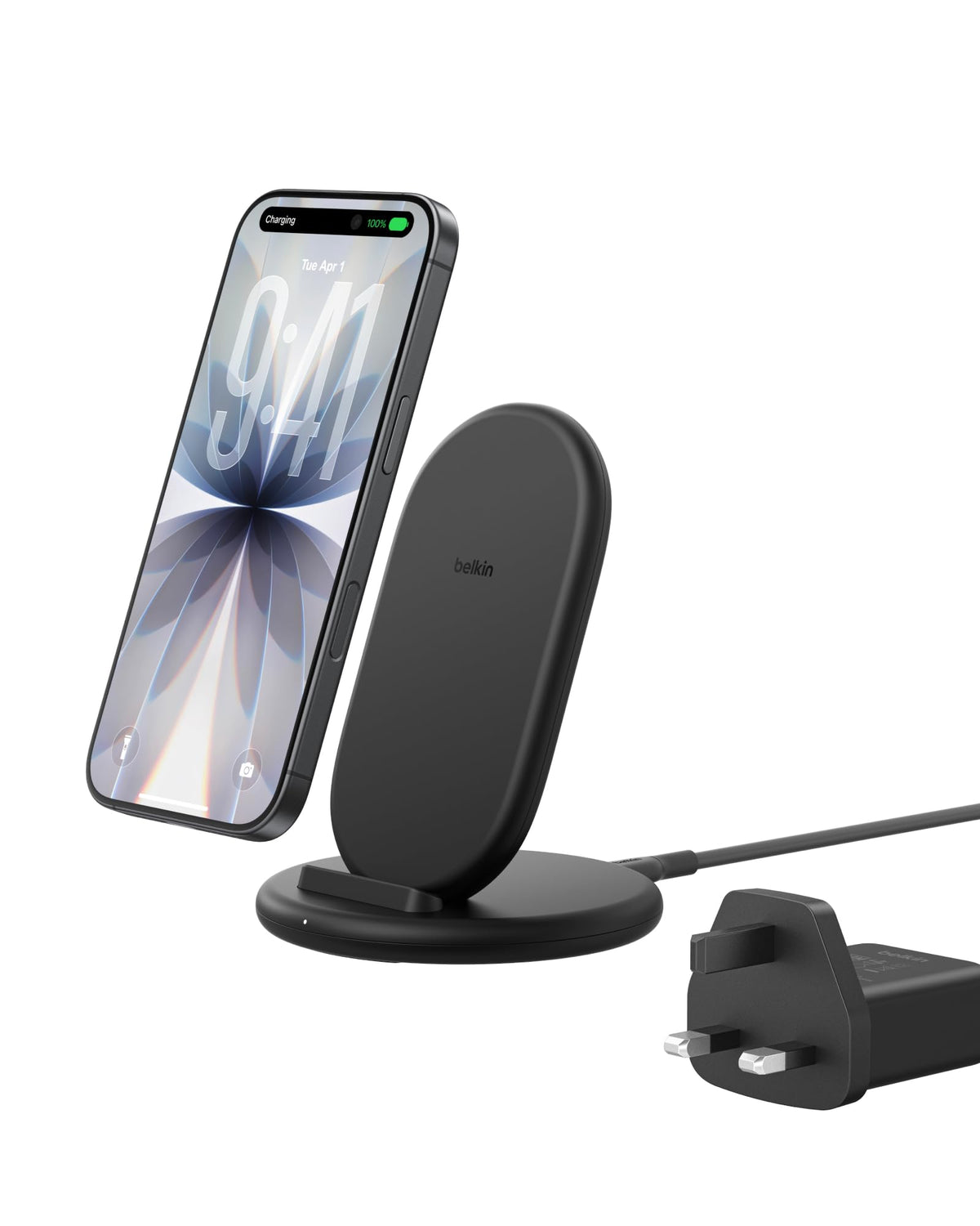 Belkin BoostCharge Wireless Charging Stand, Phone Case Compatible, Wireless Charger for Apple iPhone, Samsung Galaxy, Google Pixel and more, 20W Power Supply and Cable Included - Black