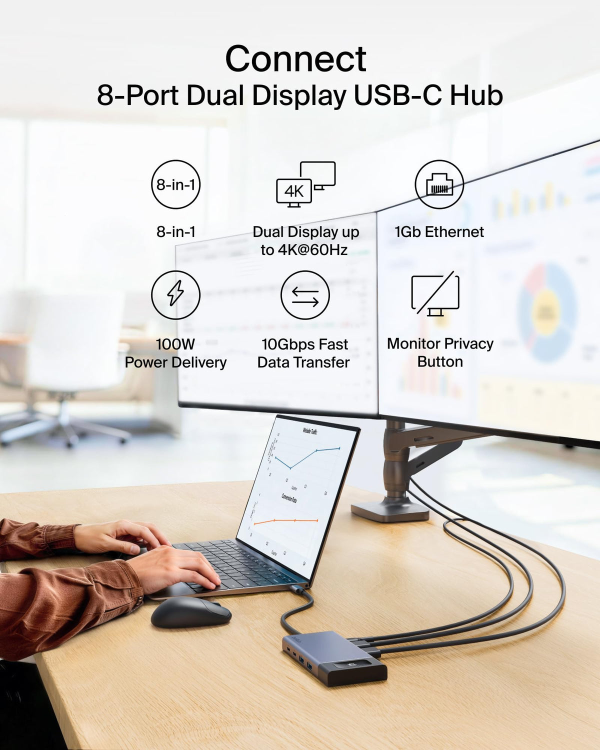Belkin USB C Hub, 8-in-1 Multi-Port Docking Station 100W - Dual Display Support for Mac, Windows and Chromebook w/ 10Gbps Data Transfer Speeds, Ethernet, Resolutions up to 4K@60Hz