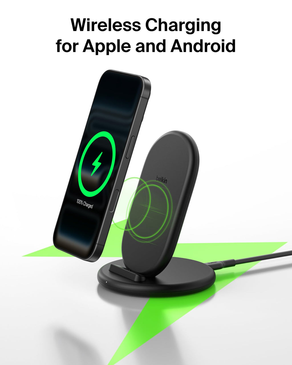 Belkin BoostCharge Wireless Charging Stand, Phone Case Compatible, Wireless Charger for Apple iPhone, Samsung Galaxy, Google Pixel and more, 20W Power Supply and Cable Included - Black