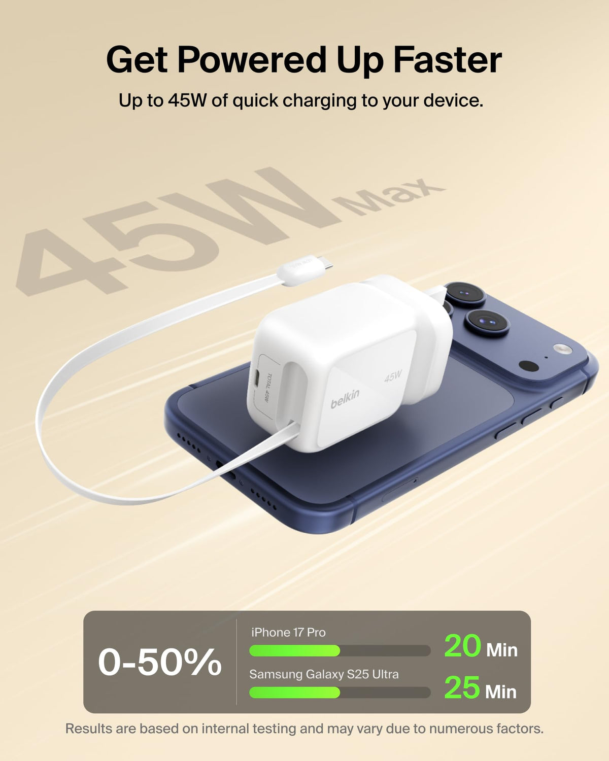 Belkin UltraCharge USB-C Plug Charger 45W with 2.3ft (80cm) Retractable USB C Cable & USB C Port, Fast Charging for iPhone 17 & 16 Series, Galaxy S26 Series, AirPods, Tablet, MacBook, Laptop