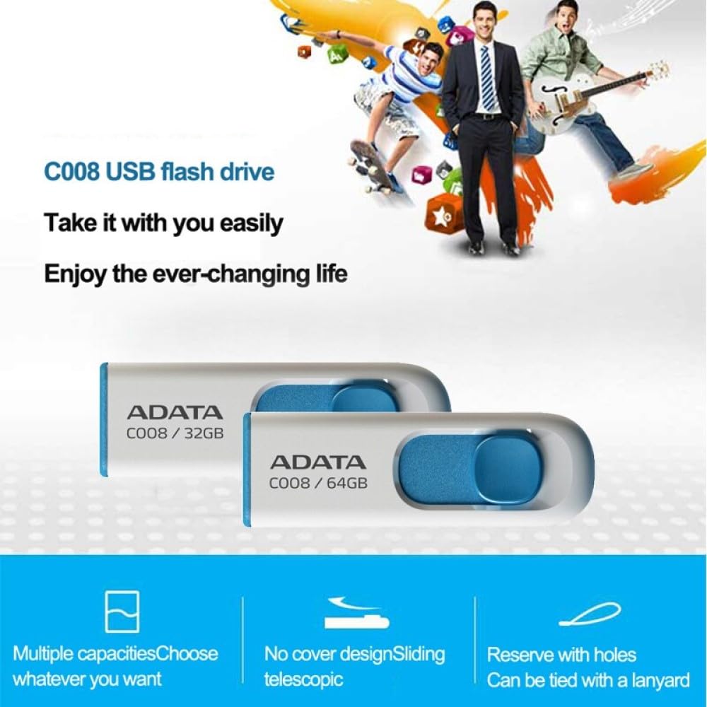 ADATA C008 16GB USB 2.0 Retractable Capless Flash Drive, White/ Blue (AC008-16G-RWE)