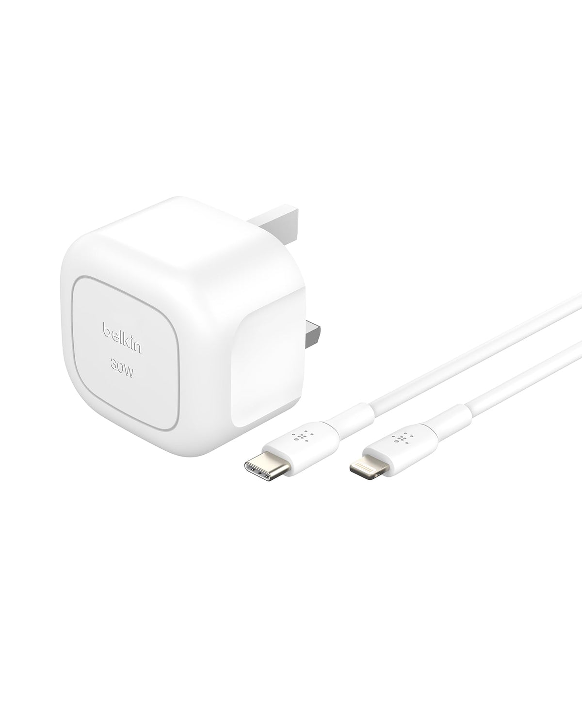 Belkin BoostCharge Compact Wall Charger 30W, Travel-friendly USB-C Power Delivery Fast Charging for Apple iPhone, iPad, AirPods, Tablet & More with USB-C to Lightning Cable - White