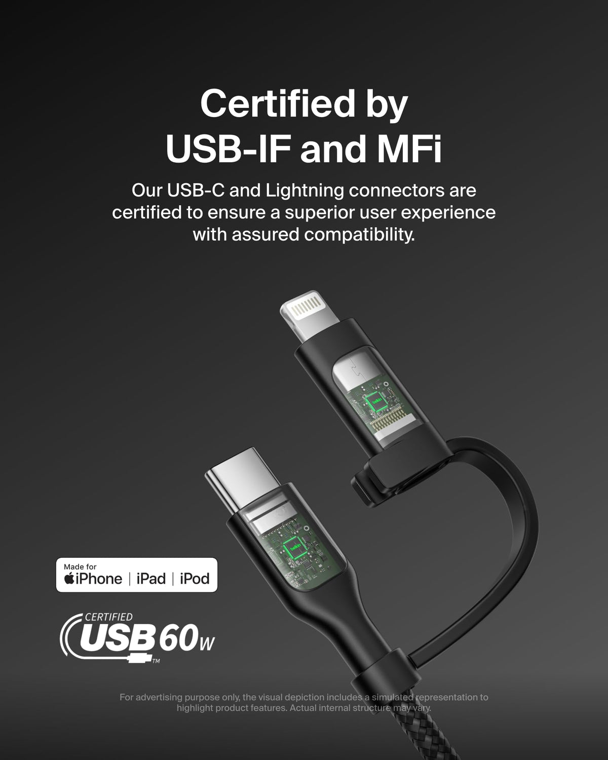 Belkin 2-in-1 Charging Cable with USB-C & Lightning Connector - Braided Fast-Charging Cable, USB-C to USB-C & Lightning Charger Cord, Multi-Charging Combo for Apple iPhone, iPad, Samsung, More - Black