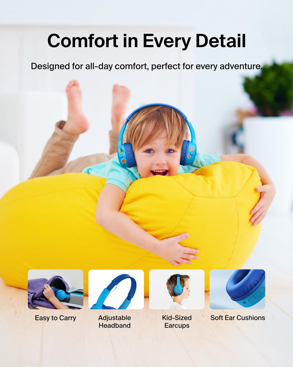 Belkin SoundForm Mini Kids Wireless Headphones with Built-In Microphone, 30H of Playback Time, & Fun Stickers - Over-Ear Headsets for Online Learning, School, Travel, iPhone, iPad, Galaxy - Blue