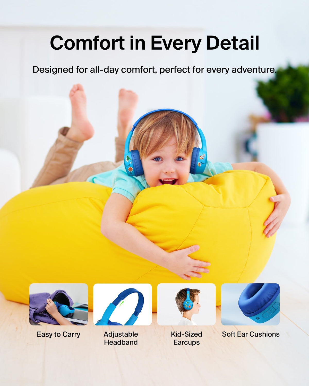 Belkin SoundForm Mini Kids Wireless Headphones with Built-In Microphone, 30H of Playback Time, & Fun Stickers - Over-Ear Headsets for Online Learning, School, Travel, iPhone, iPad, Galaxy - Blue