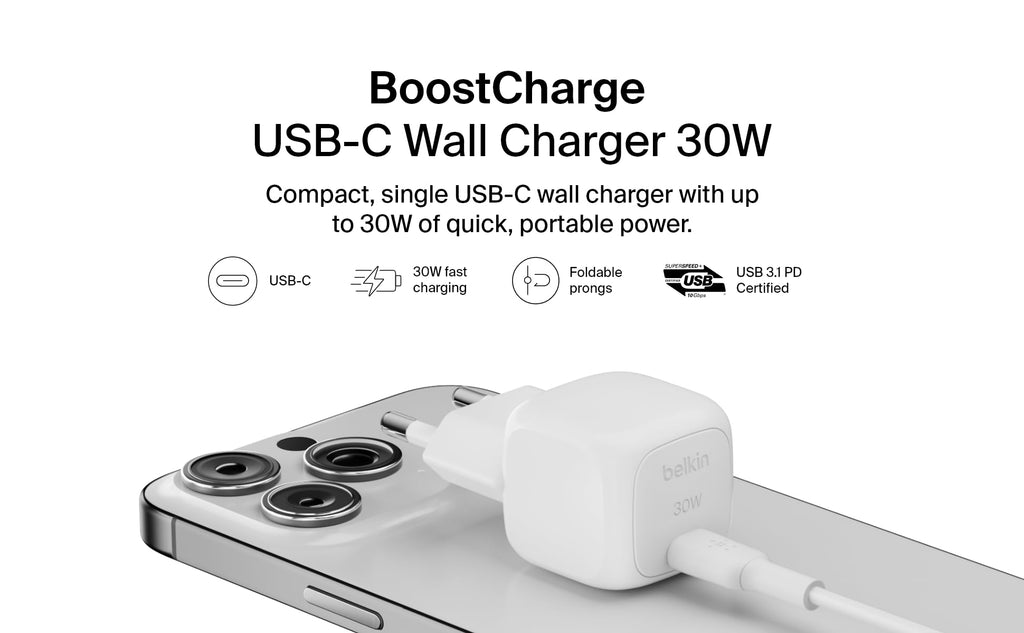 Belkin BoostCharge 30W Mains Charger (Compact and Portable, USB-C Power Delivery, for all iPhone 16, 15, 14, 13, Samsung Galaxy S24, S23, iPad, AirPods, Tablets, etc., White)