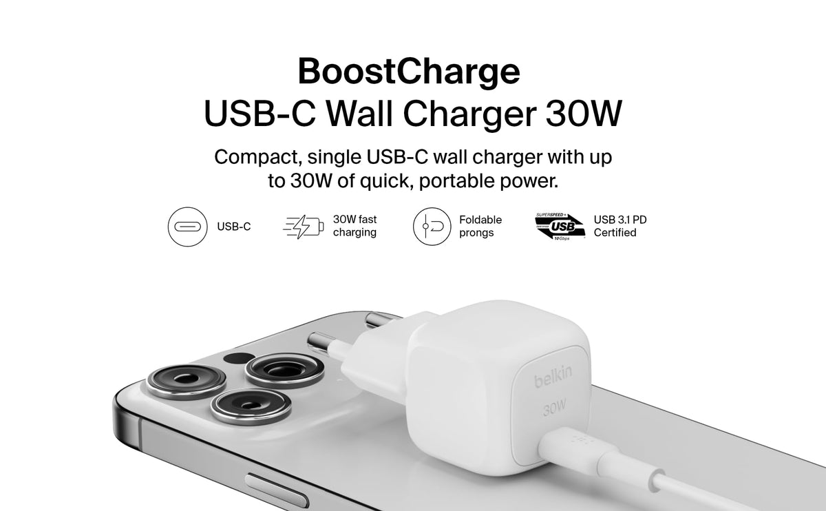 Belkin BoostCharge 30W Mains Charger (Compact and Portable, USB-C Power Delivery, for all iPhone 16, 15, 14, 13, Samsung Galaxy S24, S23, iPad, AirPods, Tablets, etc., White)