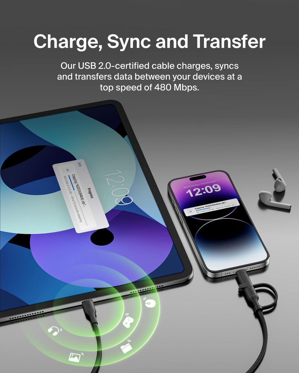 Belkin 2-in-1 Charging Cable with USB-C & Lightning Connector - Braided Fast-Charging Cable, USB-C to USB-C & Lightning Charger Cord, Multi-Charging Combo for Apple iPhone, iPad, Samsung, More - Black
