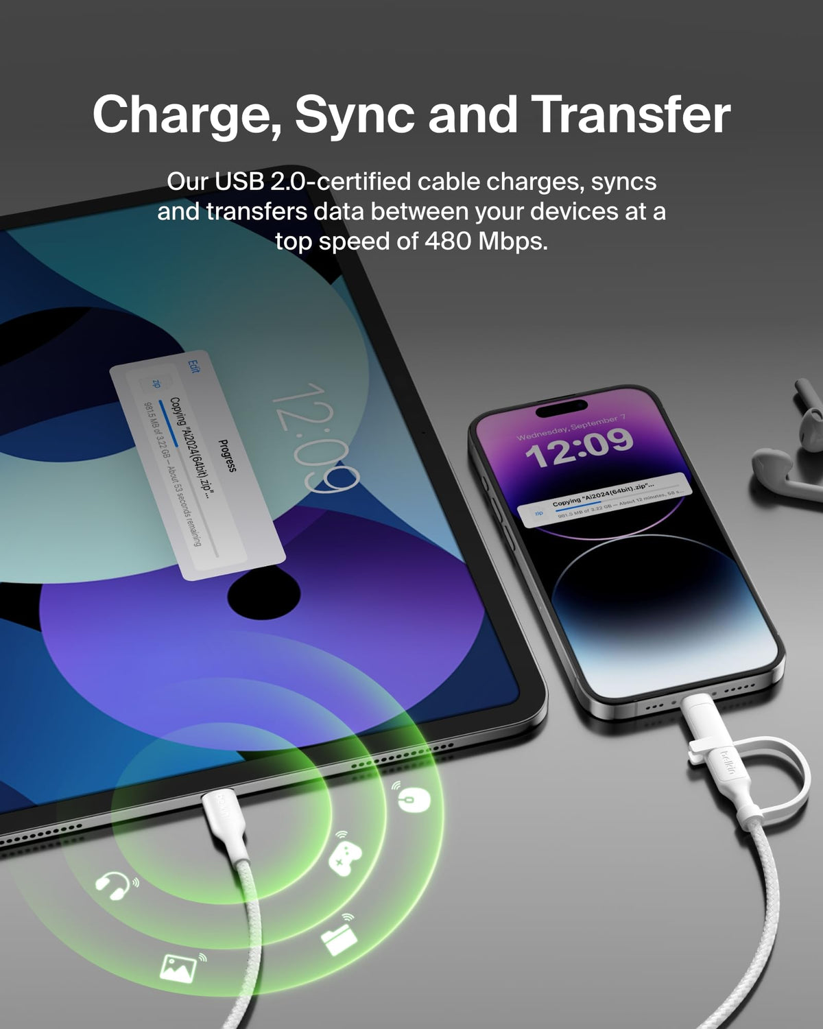 Belkin 2-in-1 Charging Cable with USB-C & Lightning Connector - Braided Fast-Charging Cable, USB-C to USB-C & Lightning Charger Cord, Multi-Charging Combo for Apple iPhone, iPad, Samsung, More - White