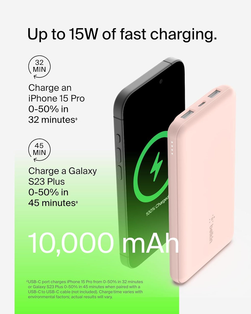 Belkin 10000mAh portable power bank, 10K USB-C portable charger with 1 USB-C port and 2 USB-A ports, battery pack for up to 15W charging for iPhone, Samsung Galaxy, AirPods, iPad, and more - Rose Gold