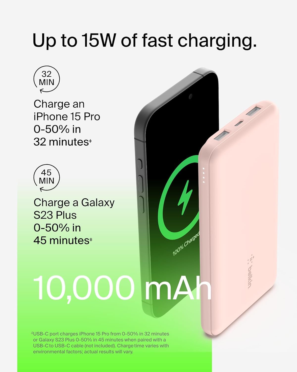 Belkin 10000mAh portable power bank, 10K USB-C portable charger with 1 USB-C port and 2 USB-A ports, battery pack for up to 15W charging for iPhone, Samsung Galaxy, AirPods, iPad, and more - Rose Gold