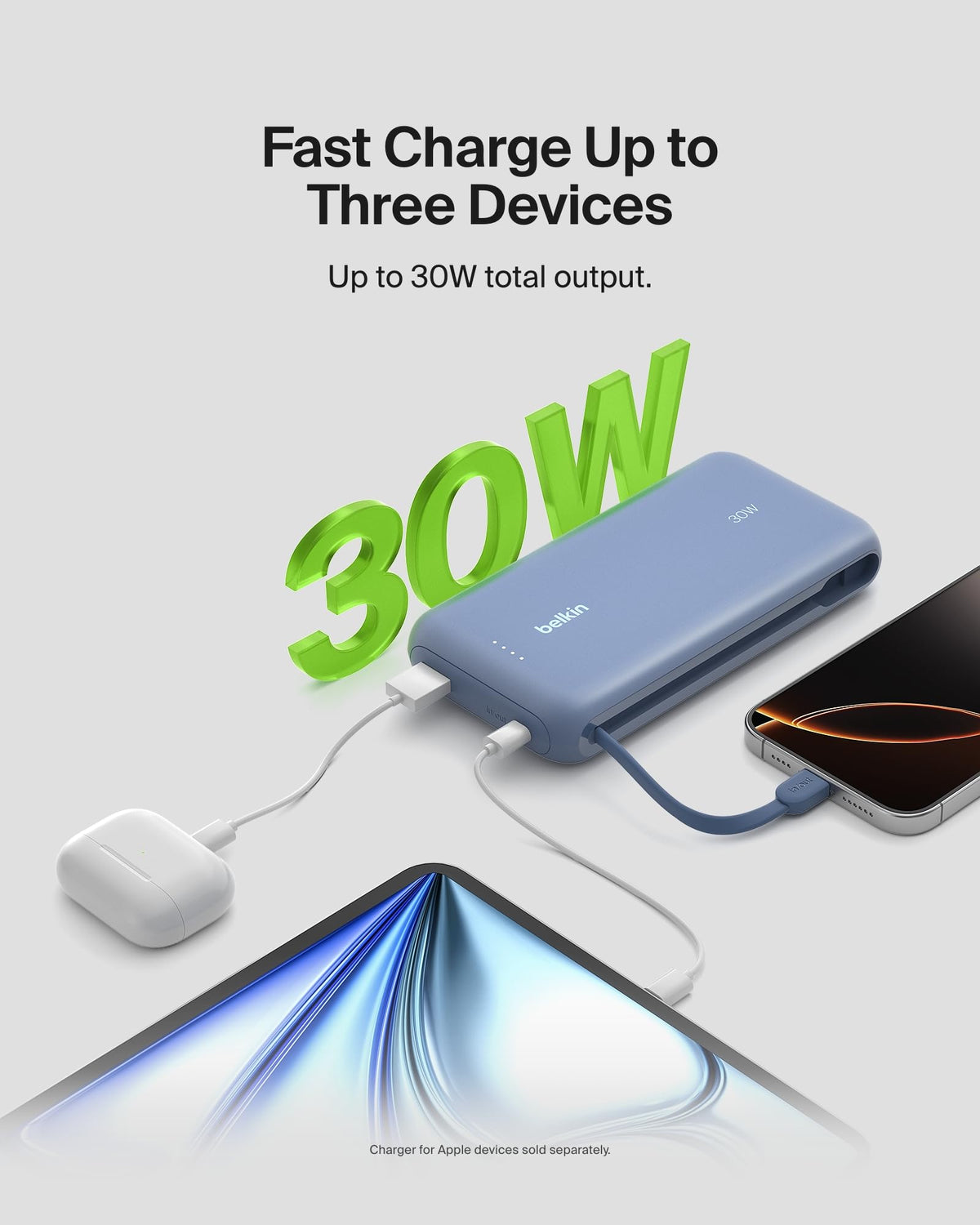 Belkin BoostCharge 20000mAh Power Bank with Integrated USB-C Cable - Blue