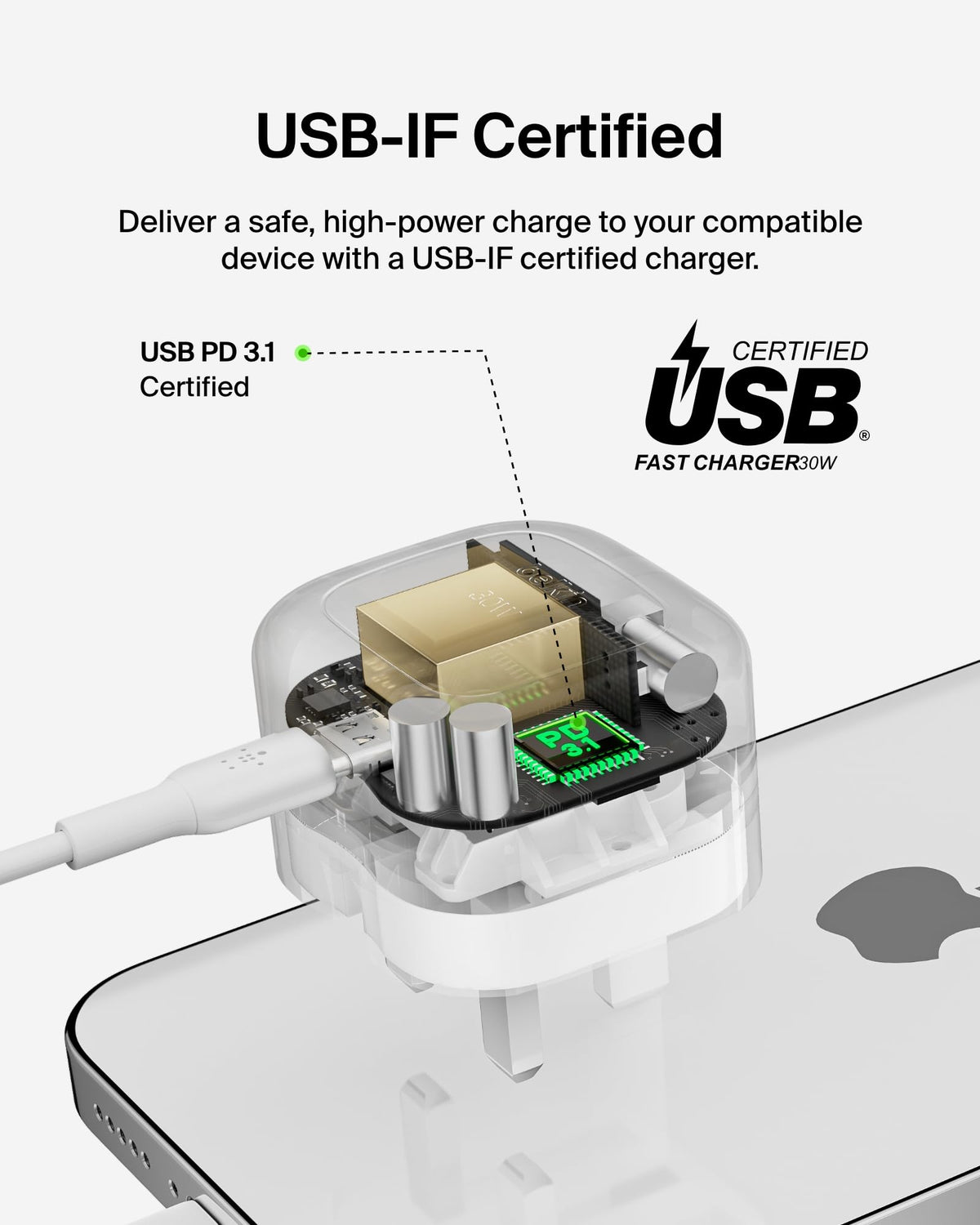 Belkin BoostCharge Compact Wall Charger 30W, Travel-friendly USB-C Power Delivery Fast Charging for Apple iPhone, iPad, AirPods, Tablet & More with USB-C to Lightning Cable - White