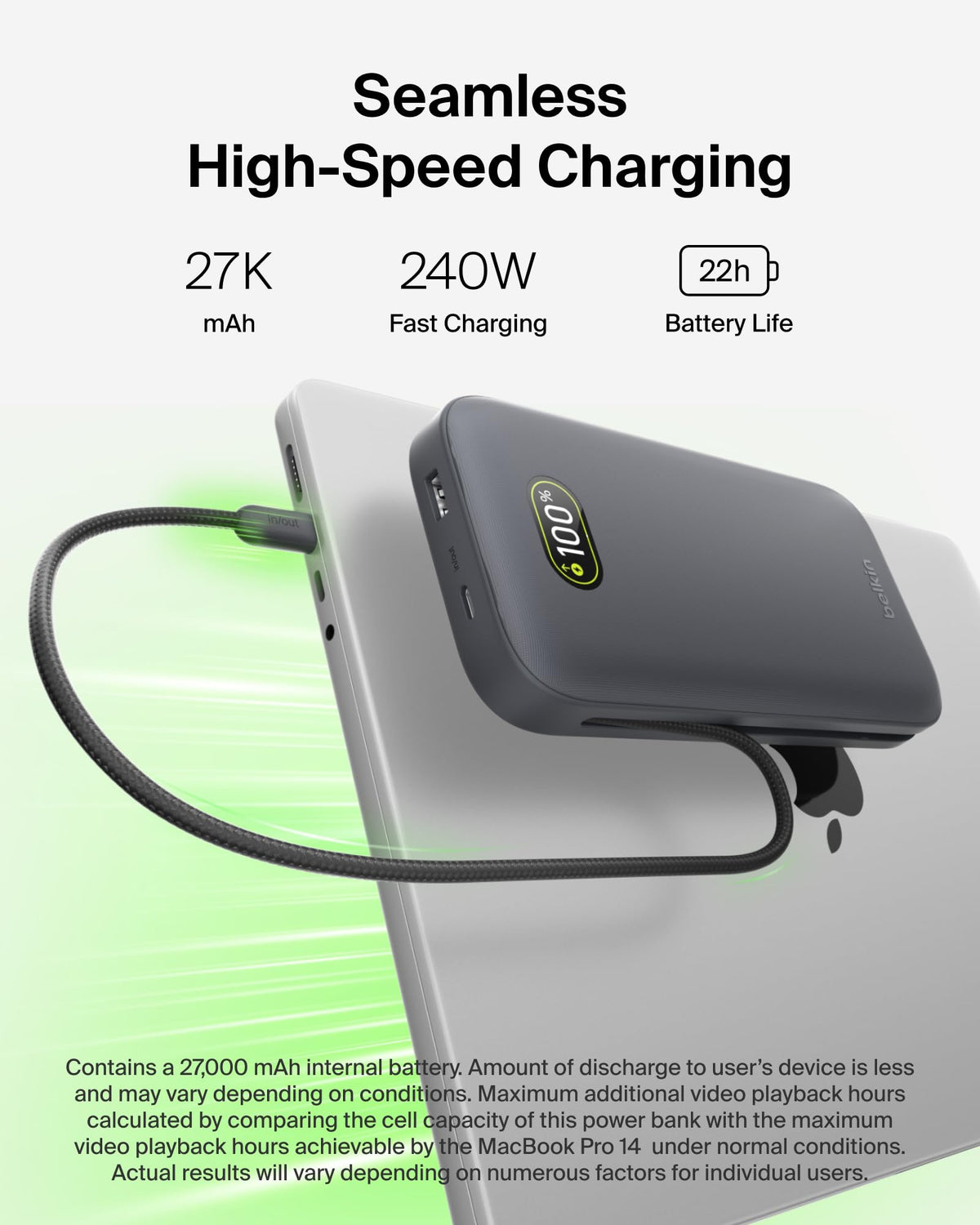 Belkin UltraCharge Pro Power Bank 27000mAh, Portable Charger with Integrated USB C Cable, 240W USB PD - Fast Charging Battery Pack for MacBook Pro, iPhone, iPad, Galaxy, Pixel & More - Charcoal
