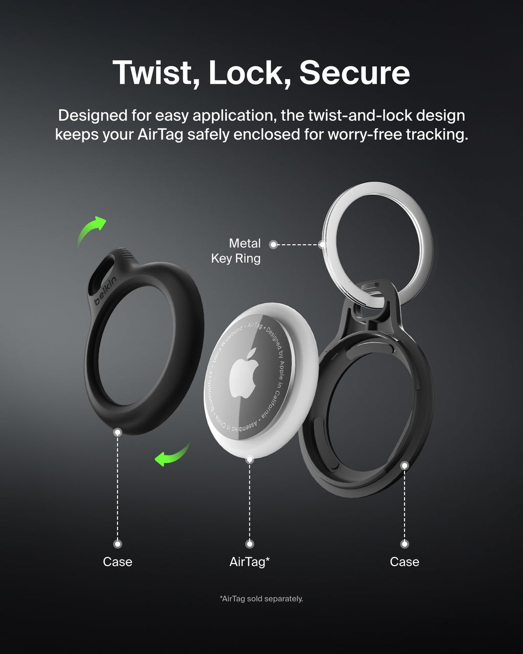 Belkin Apple AirTag Holder with Key Ring, Secure Case for AirTag - Black