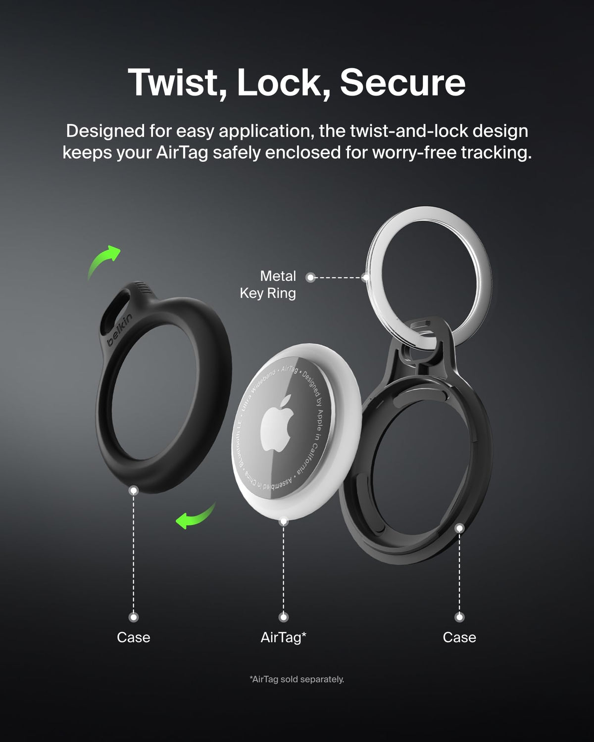 Belkin Apple AirTag Holder with Key Ring, Secure Case for AirTag - Black