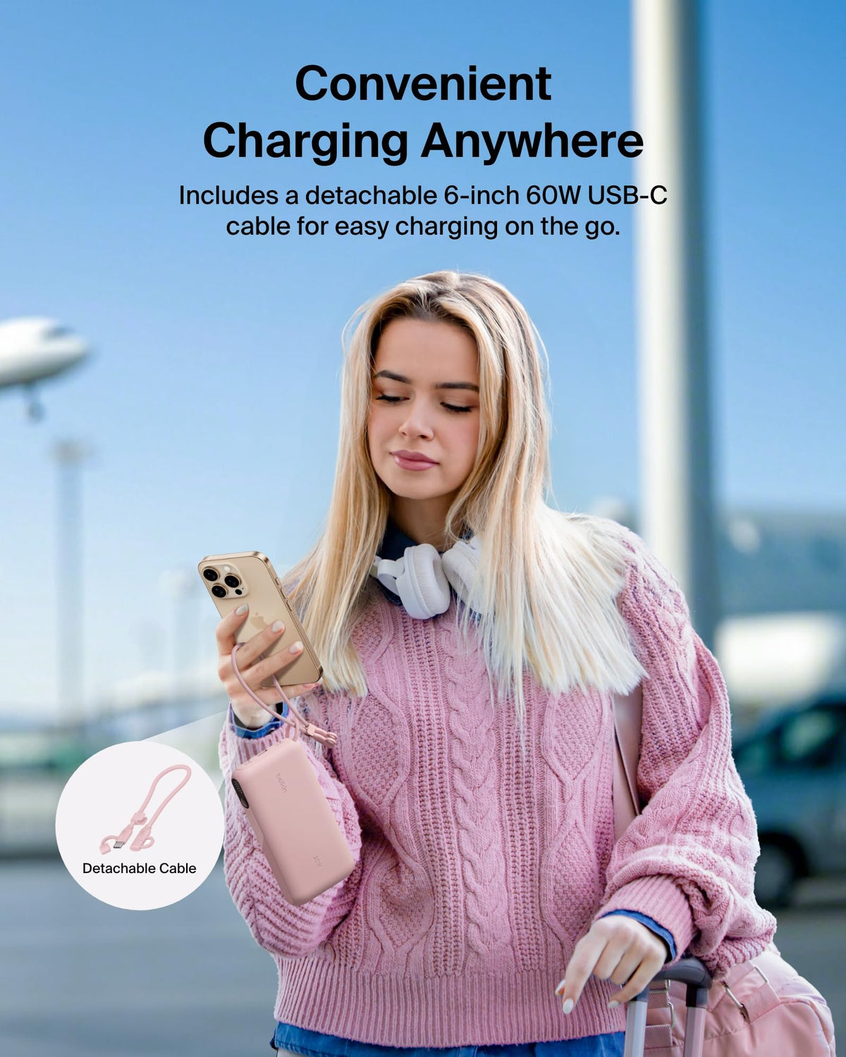 Belkin Portable Charger, USB-C Power Bank 20,000mAh with 2x Type C Ports & 1x USB-A Port, Digital Battery Display, 20W Charging for iPhone 17 Series, Samsung Galaxy S25, Pixel 10, iPad, & More - Pink