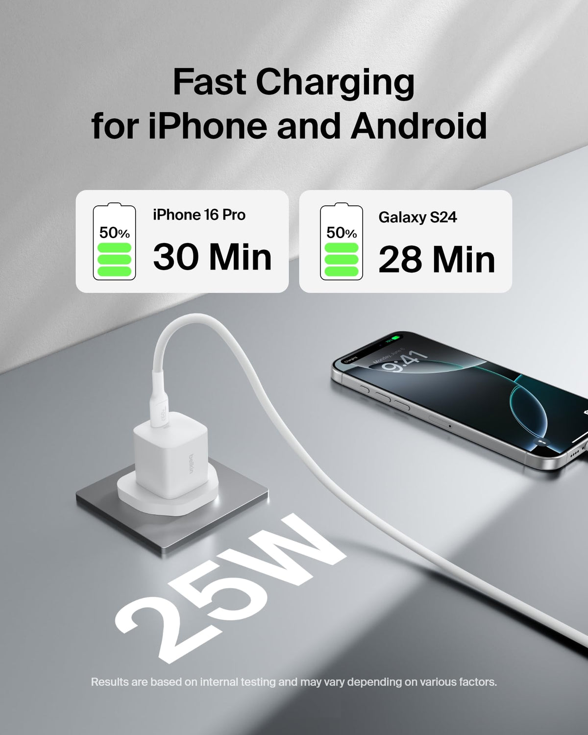 Belkin USB-C Plug 25W with 60W USB-C Cable (3.3ft, 1M) - Phone Charger PD 3.0 Fast Charging with PPS for Apple iPhone 17, Air, 16, Samsung Galaxy S25, Pixel 10, Nintendo Switch, & More - White