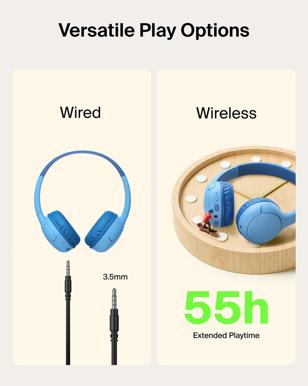 Belkin SoundForm Mini 2 Wireless Headphones for Kids, On-Ear Bluetooth Headphones, 55H Playtime, 85dB Safe Volume Limit, Built-in Microphone, Kids Earphones with Case for iPhone/iPad/Tablet - Blue