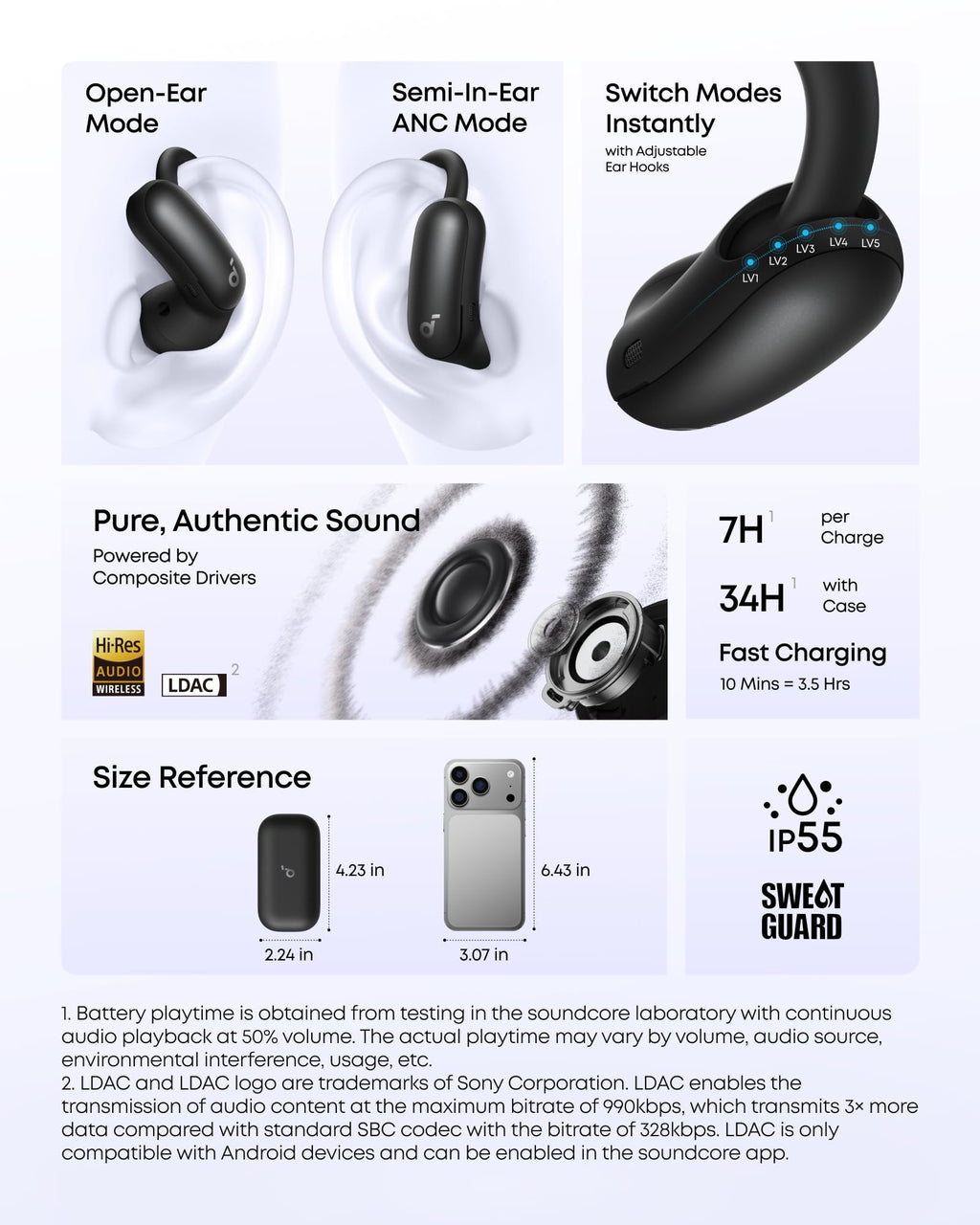 soundcore AeroFit 2 Pro by Anker, 2-in-1 Hybrid Earbuds with Awareness Mode and Focus Mode, Bluetooth 6.1, Hi-Res, LDAC, Spatial Audio, Al Clear Phone Calls, IP55, 34H Total Playtime
