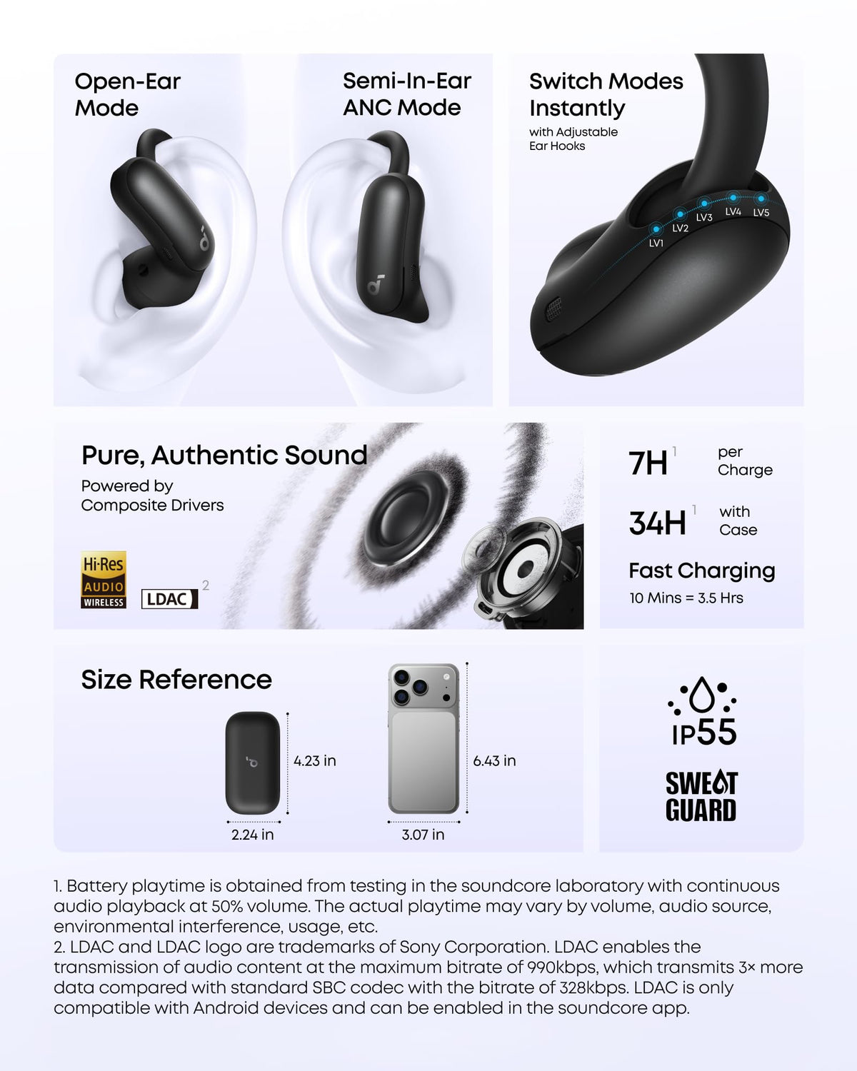 soundcore AeroFit 2 Pro by Anker, 2-in-1 Hybrid Earbuds with Awareness Mode and Focus Mode, Bluetooth 6.1, Hi-Res, LDAC, Spatial Audio, Al Clear Phone Calls, IP55, 34H Total Playtime