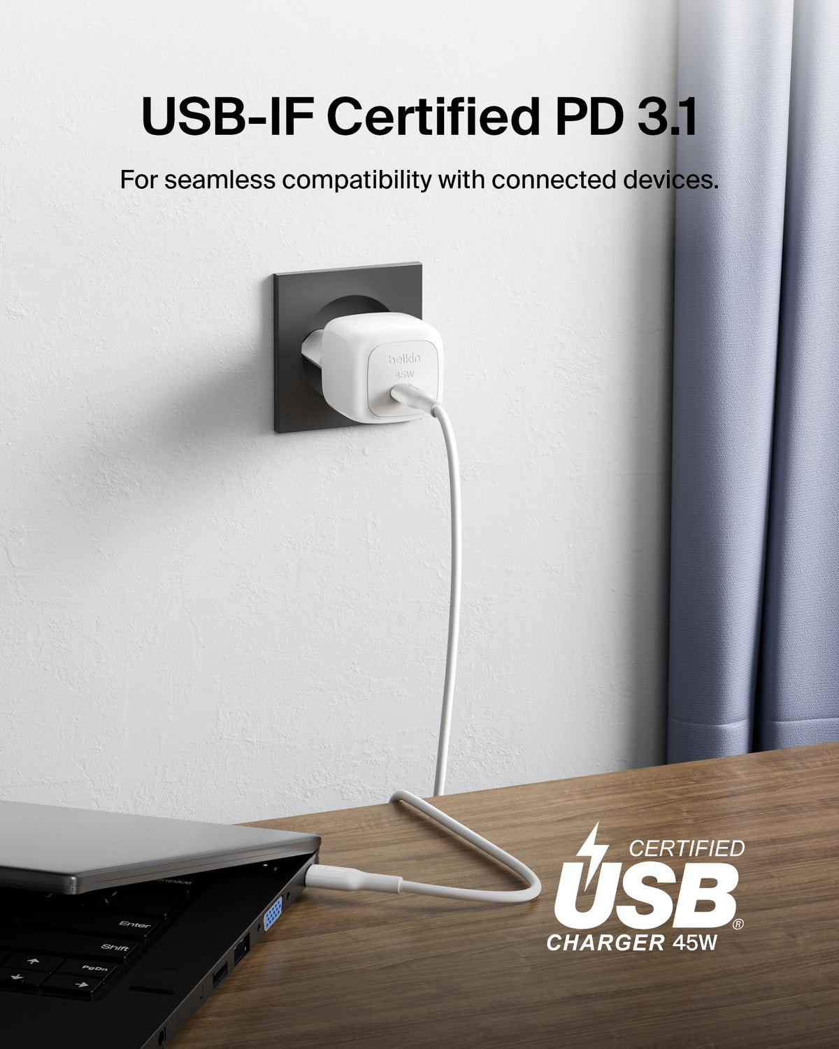 Belkin Compact USB-C Wall Charger (45W) Fast Charger with USB-C Power Delivery for Apple iPhone 16, 16 Plus, 16 Pro, 16 Pro Max, 15 Series, Samsung Galaxy S25, iPad, AirPods and More - White