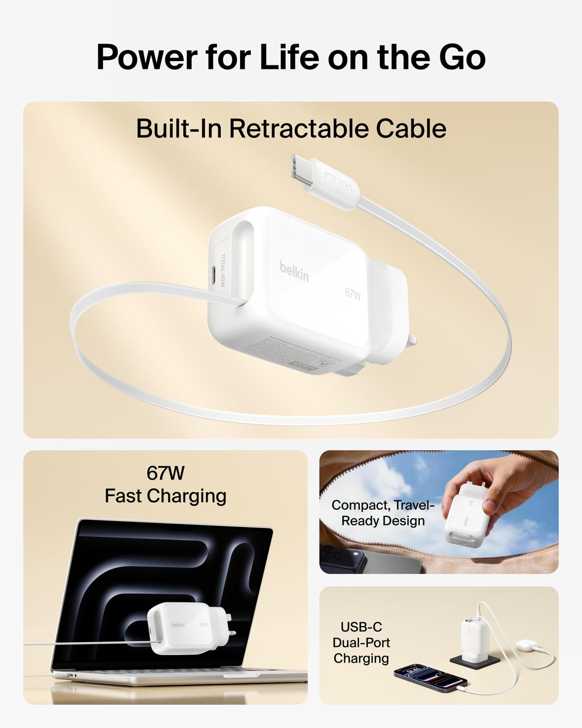 Belkin USB-C Charger Plug 67W with 3.3ft Retractable USB C Cable & USB C Port - GaN iPhone Charger, Fast Charging for iPhone 17 & 16 Series, Galaxy S26 Series, AirPods, Tablet, MacBook, Chromebook