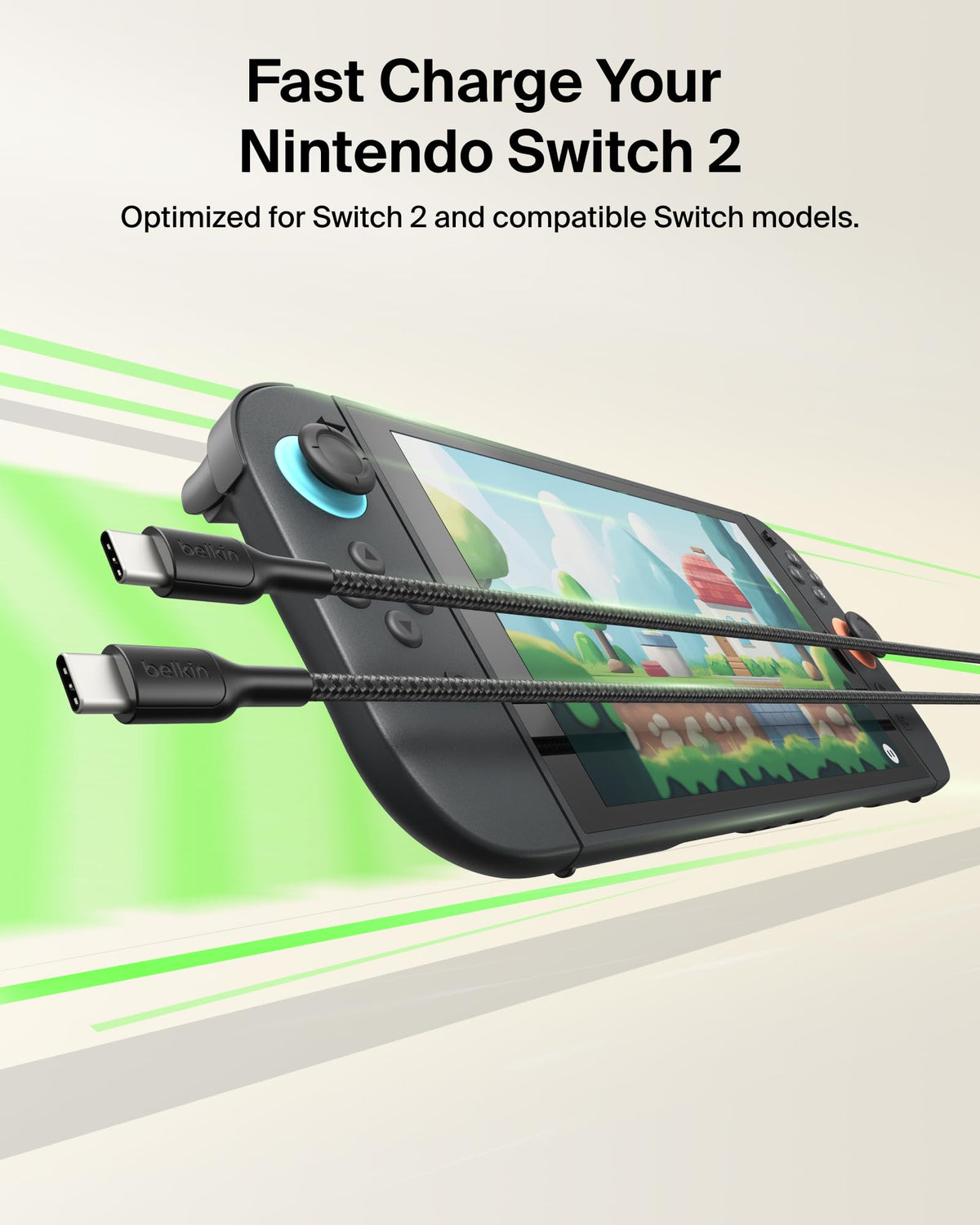 Belkin Gaming USB-C to USB-C Cable 60W (6.6ft), Braided Type C Charger Fast Charging for Nintendo Switch 2, iPhone 16, iPhone 15, iPad, MacBook Air, Chromebook, Samsung Galaxy S25 Ultra, etc. - Black