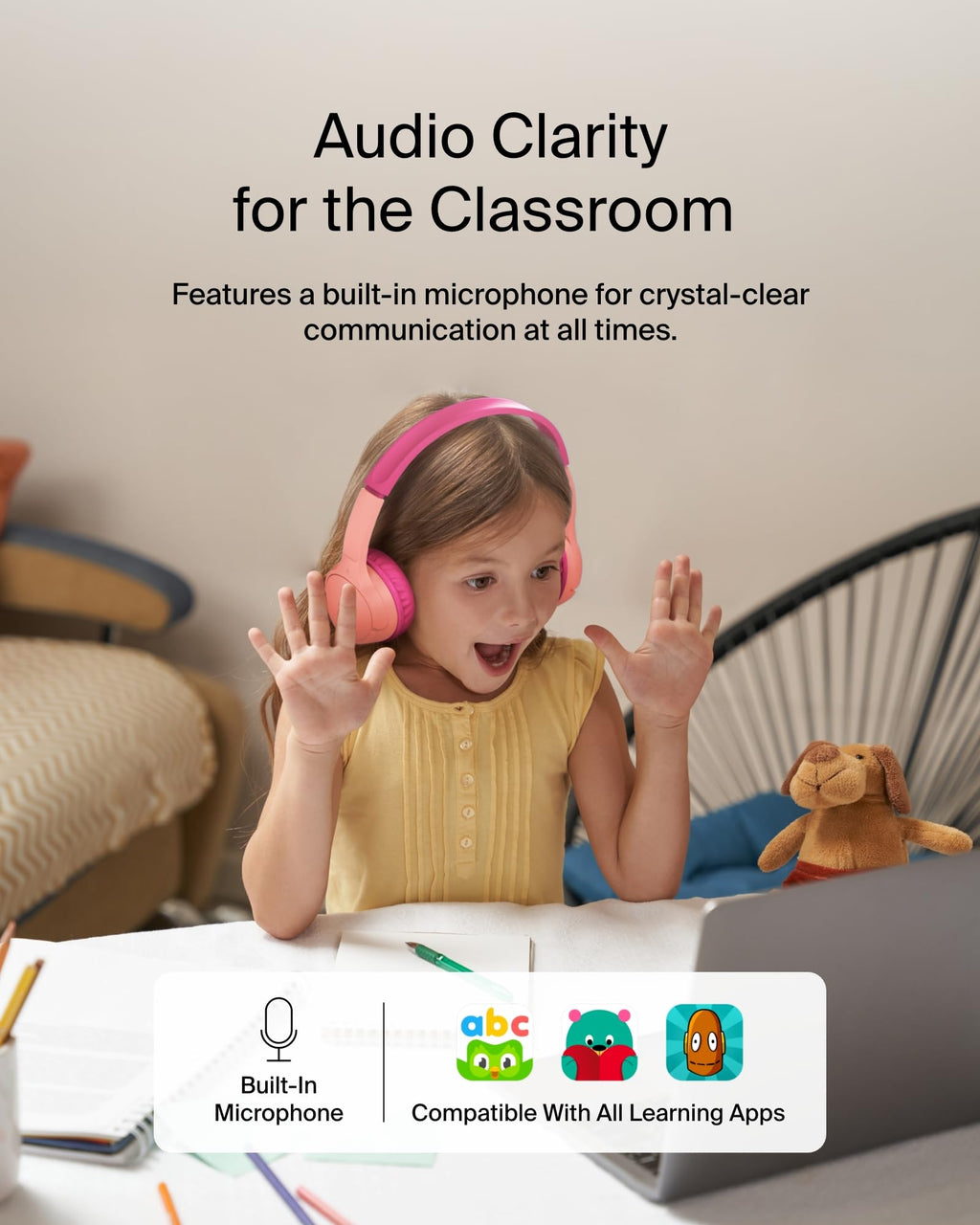 Belkin SoundForm Mini Kids Wireless Headphones with Built-In Microphone, 30H of Playback Time, & Fun Stickers - Over-Ear Headsets for Online Learning, School, Travel, iPhone, iPad, Galaxy - Pink