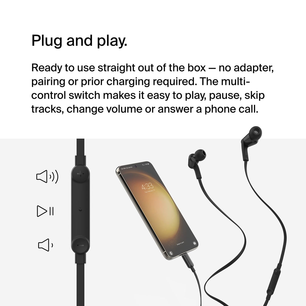 Belkin SoundForm Wired Earbuds with USB-C Connector, In-Ear Earphones w/ Microphone - Headphones for iPhone 15, iPad Mini, Galaxy, Android, and More with USB-C Connector (USB-C Headphones) - Black