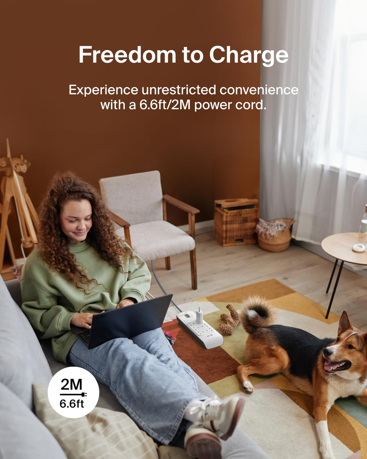 Belkin Extension Lead with USB Slots x 2 (2.4 A Shared), 6 Way/6 Plug Extension, 2m Surge Protected Power Strip - White