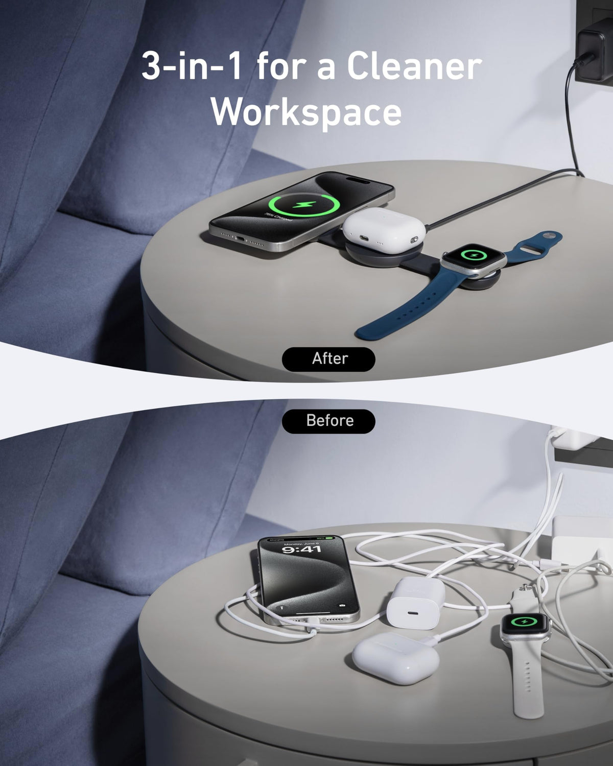 Anker MagSafe Compatible 3-in-1 Wireless Charging Station, Qi2 Certified 15W MagGo Charger, Foldable Travel Wireless Charging Pad for iPhone 17/16/15/14 Series, AirPods, Apple Watch (Not a Power Bank)