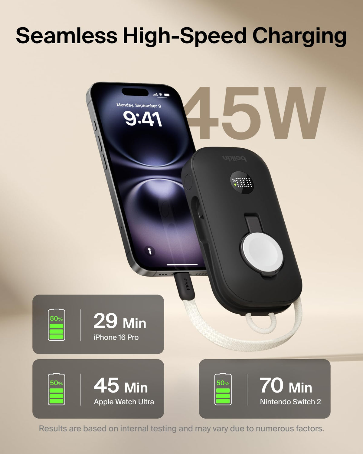 Belkin BoostCharge Pro 10000mAh Power Bank with Apple Watch Charger, Portable Charger with Integrated Braided USB C Cable and Digital Display, 45W, Battery Pack for Charging 3-Devices - Black