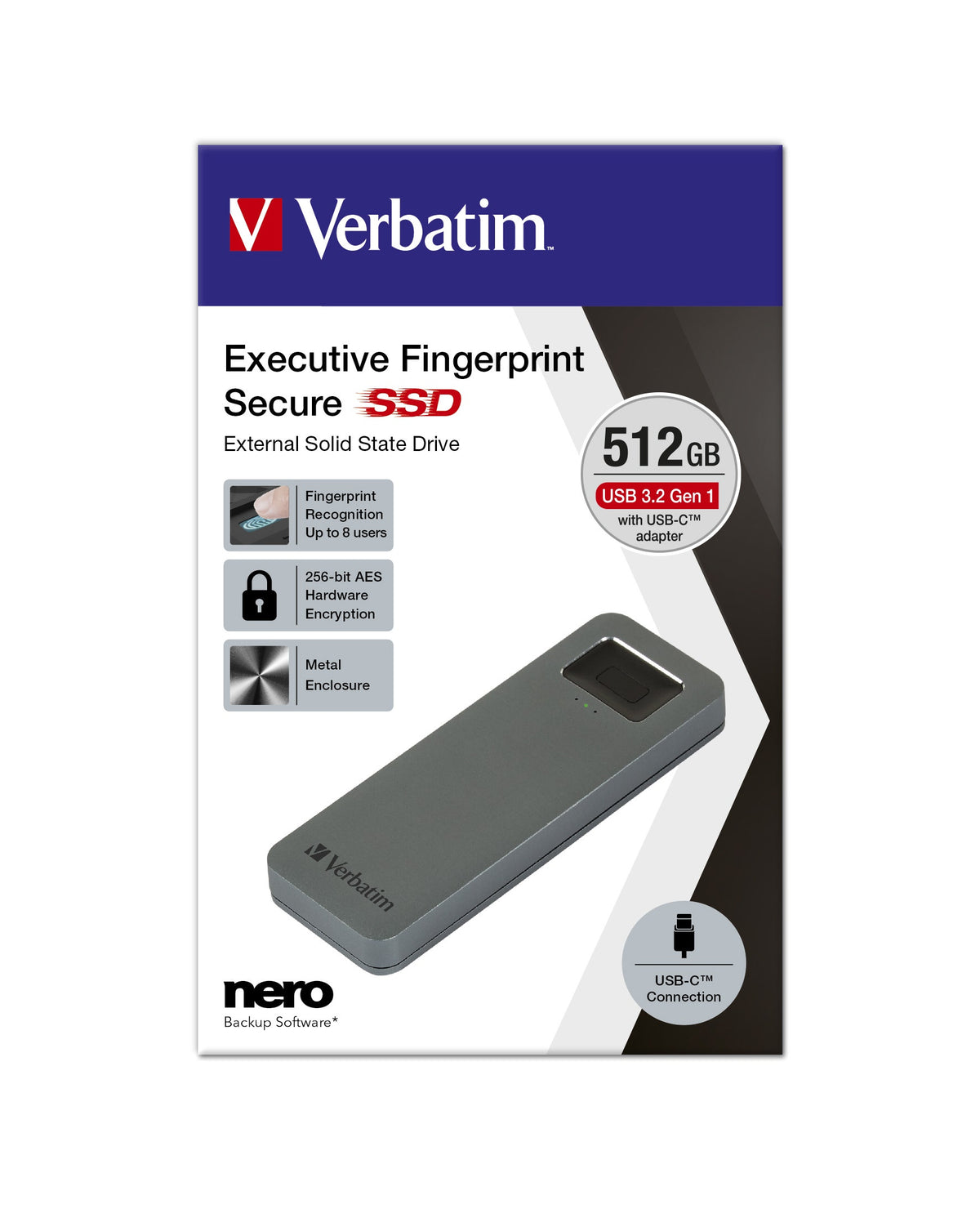 Verbatim Finger Print Secure external SSD 512 GB Grey