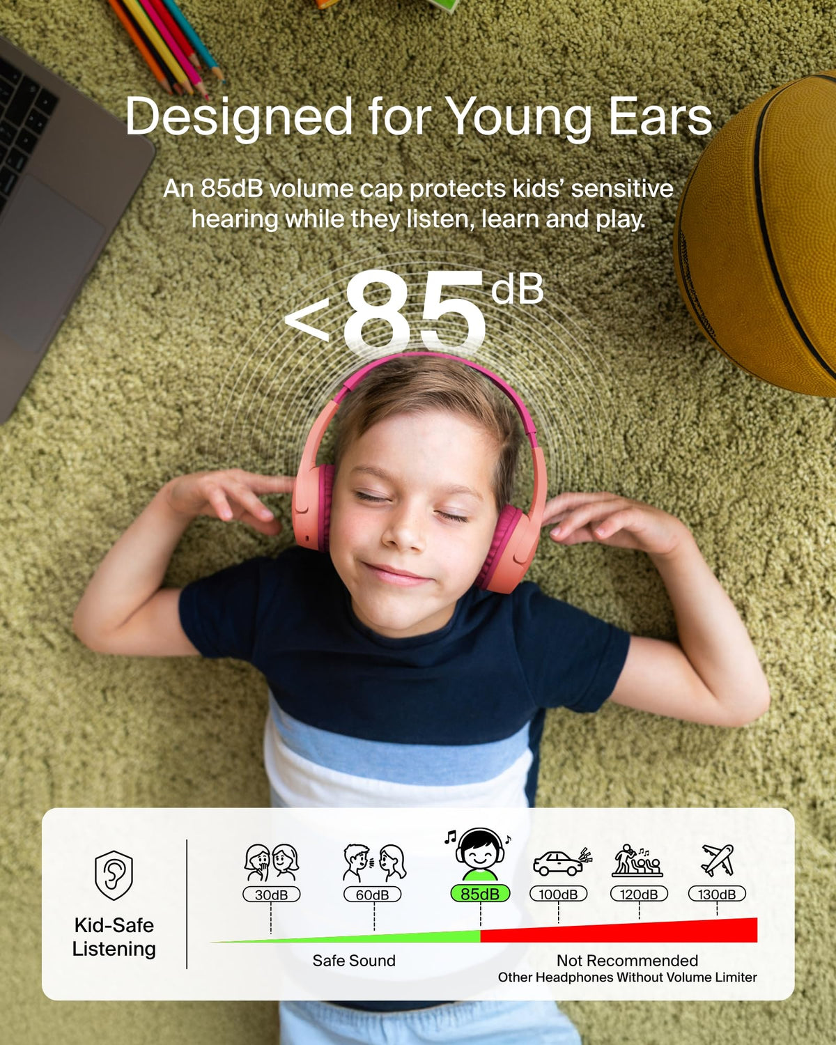 Belkin SoundForm Mini Kids Wireless Headphones with Built-In Microphone, 30H of Playback Time, & Fun Stickers - Over-Ear Headsets for Online Learning, School, Travel, iPhone, iPad, Galaxy - Pink