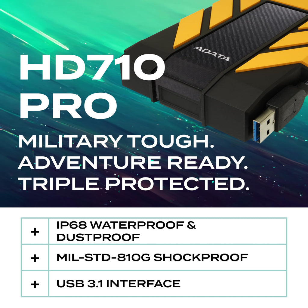 ADATA HD710 Pro 1TB HDD, USB 3.1, IP68 Waterproof/Shockproof/Dustproof Ruggedized External Hard Drive, Yellow (AHD710P-1TU31-CYL)
