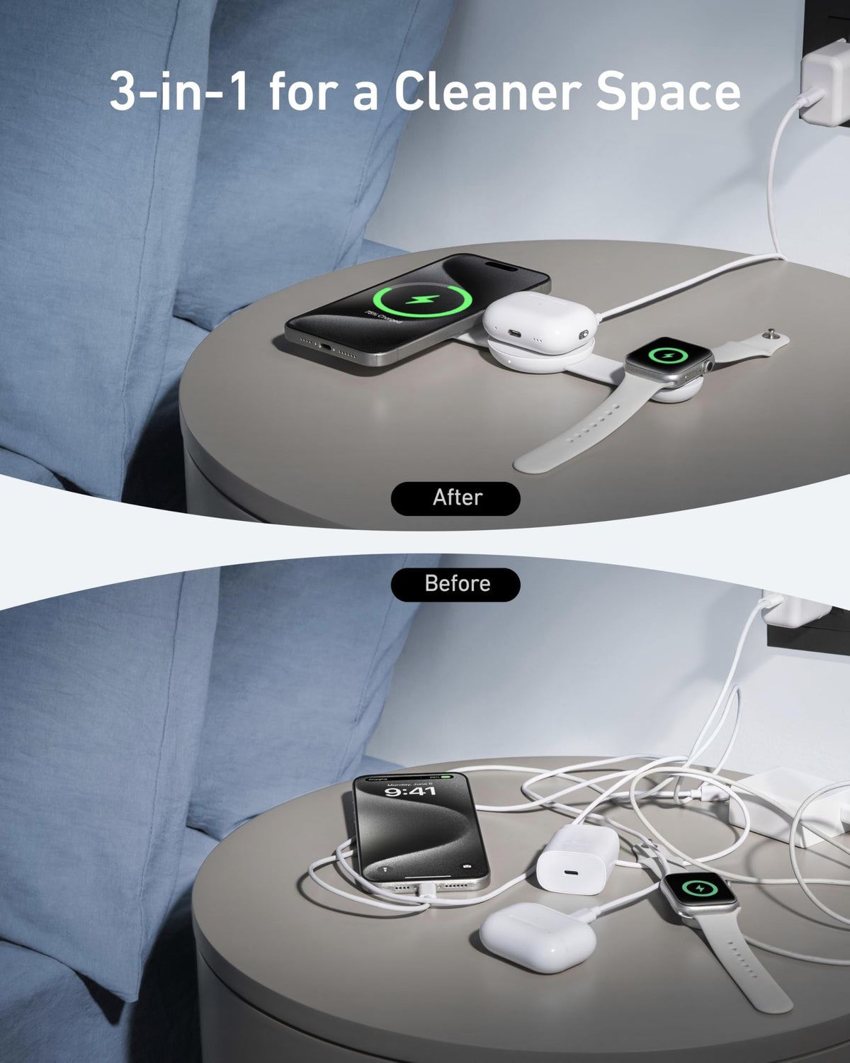 Anker MagSafe Compatible 3-in-1 Wireless Charging Station, Qi2 Certified 15W MagGo Charger, Foldable Travel Wireless Charging Pad for iPhone 17/16/15/14 Series, AirPods, Apple Watch (Not a Power Bank)