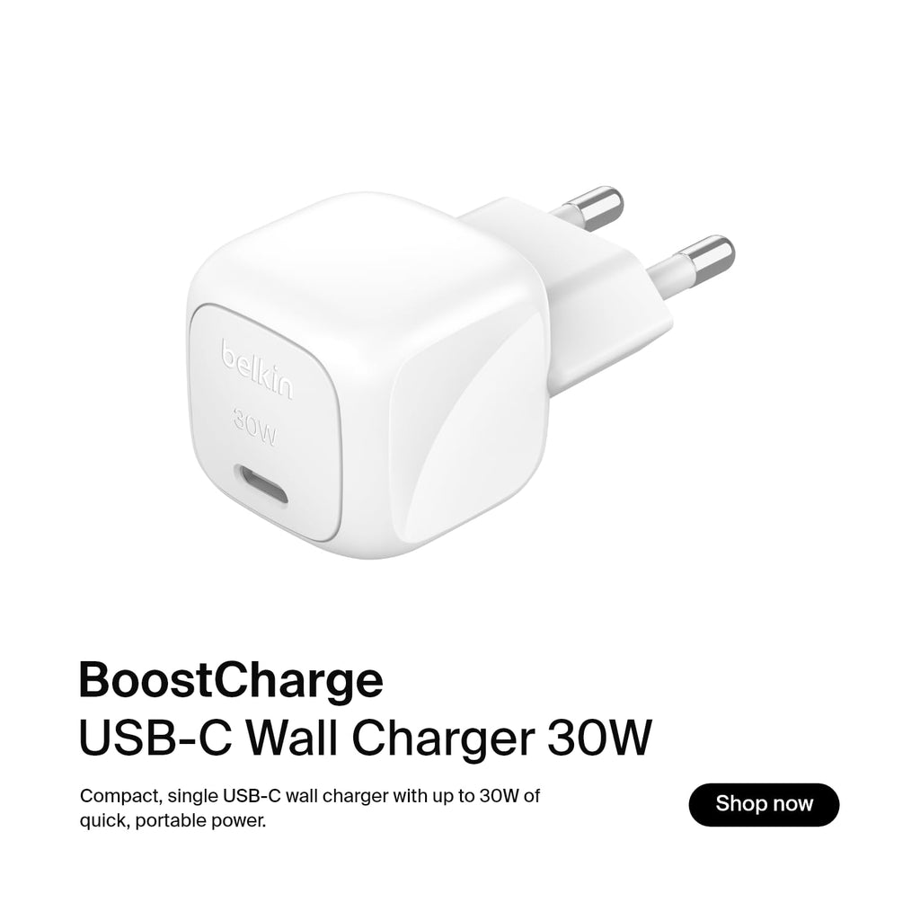 Belkin BoostCharge 30W Mains Charger (Compact and Portable, USB-C Power Delivery, for all iPhone 16, 15, 14, 13, Samsung Galaxy S24, S23, iPad, AirPods, Tablets, etc., White)