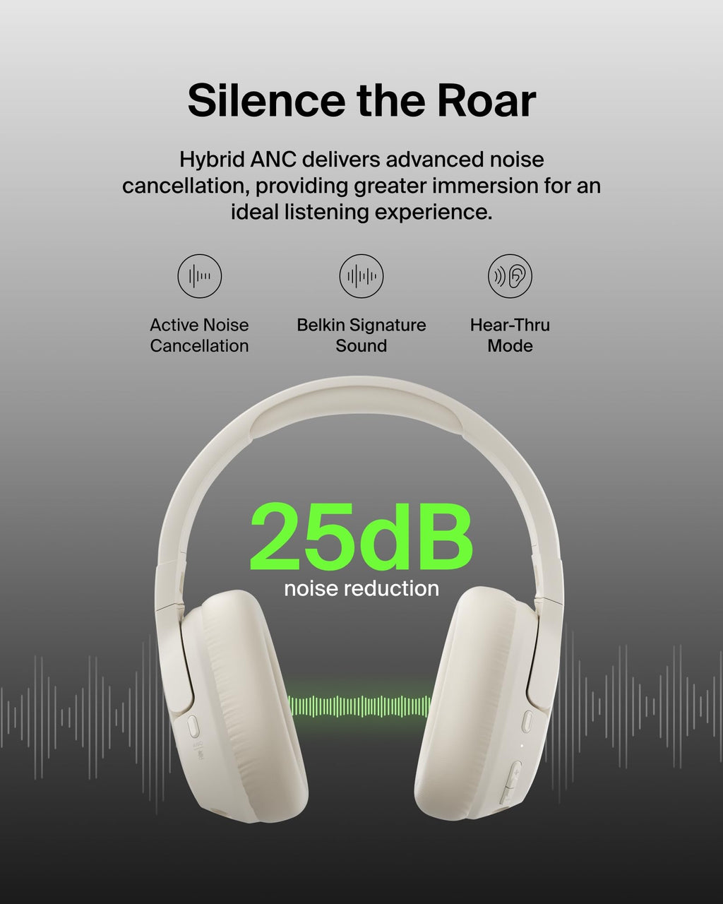 Belkin SoundForm Isolate Noise-Cancelling Wireless Headphones, over ear headphones with mic, Bluetooth headphones with 60H playtime, deep bass, CloudCushion ear cups for travel, home, office - Beige