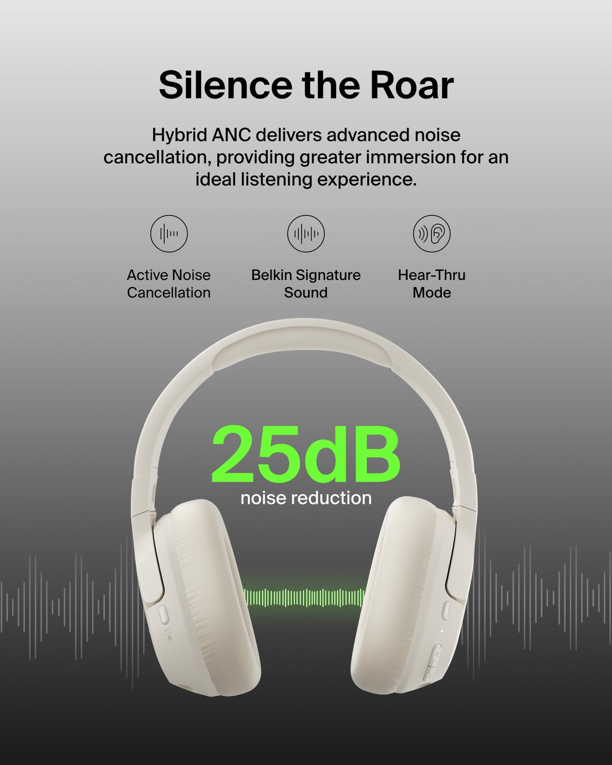 Belkin SoundForm Isolate Noise-Cancelling Wireless Headphones, over ear headphones with mic, Bluetooth headphones with 60H playtime, deep bass, CloudCushion ear cups for travel, home, office - Beige