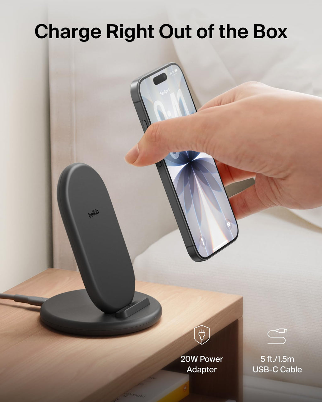 Belkin BoostCharge Wireless Charging Stand, Phone Case Compatible, Wireless Charger for Apple iPhone, Samsung Galaxy, Google Pixel and more, 20W Power Supply and Cable Included - Black