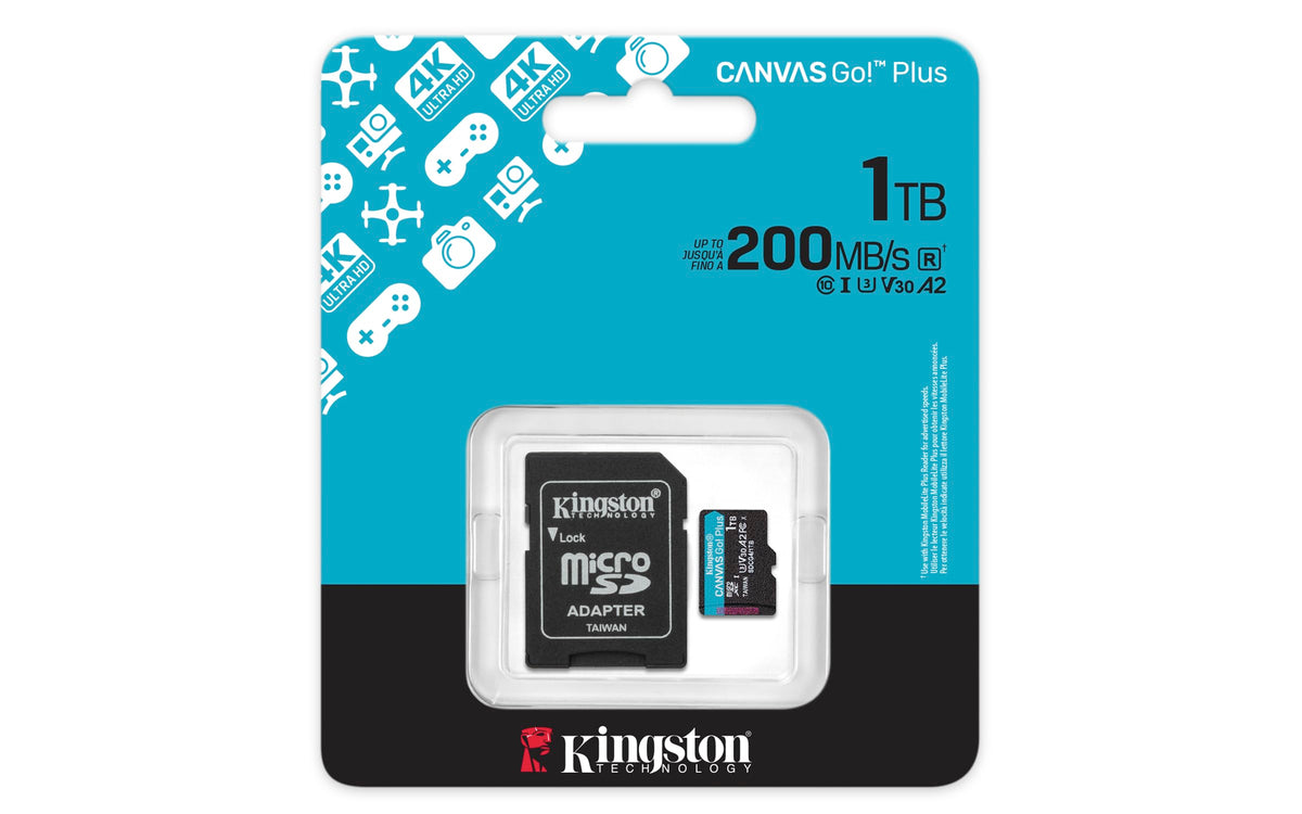Kingston Canvas Go Plus microSDXC Memory Card Gen4 200MB/s A2 U3 V30 1TB Card + Adapter-SDCG4/1TB