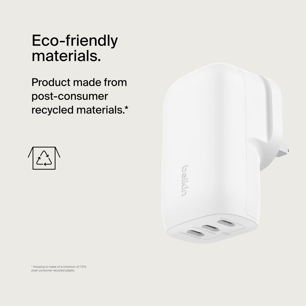 Belkin BoostCharge 3-Port USB-C Wall Charger with PPS 67W, USB-C PD 3.1 Enabled Fast Charging for Apple iPhone 17, iPhone Air, 16, Samsung Galaxy S25, Pixel 10, iPad, AirPods, Tablet & More - White