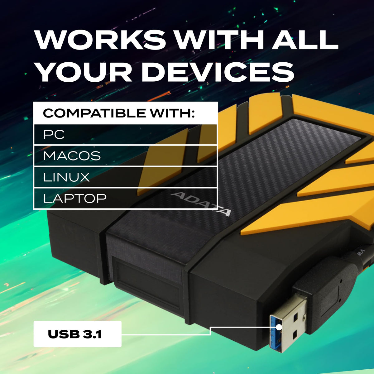 ADATA HD710 Pro 1TB HDD, USB 3.1, IP68 Waterproof/Shockproof/Dustproof Ruggedized External Hard Drive, Yellow (AHD710P-1TU31-CYL)