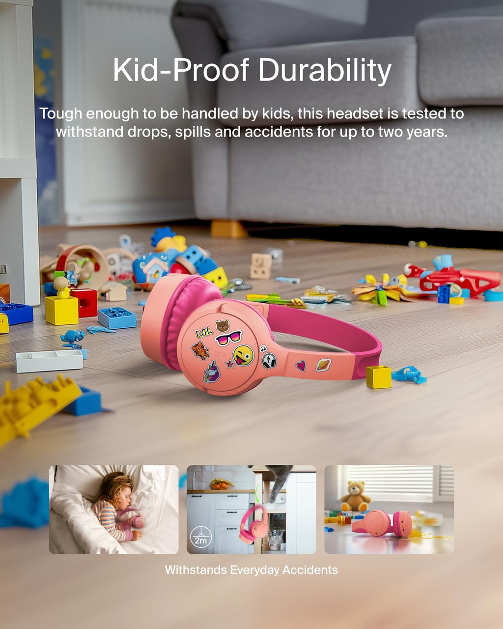 Belkin SoundForm Mini Kids Wireless Headphones with Built-In Microphone, 30H of Playback Time, & Fun Stickers - Over-Ear Headsets for Online Learning, School, Travel, iPhone, iPad, Galaxy - Pink