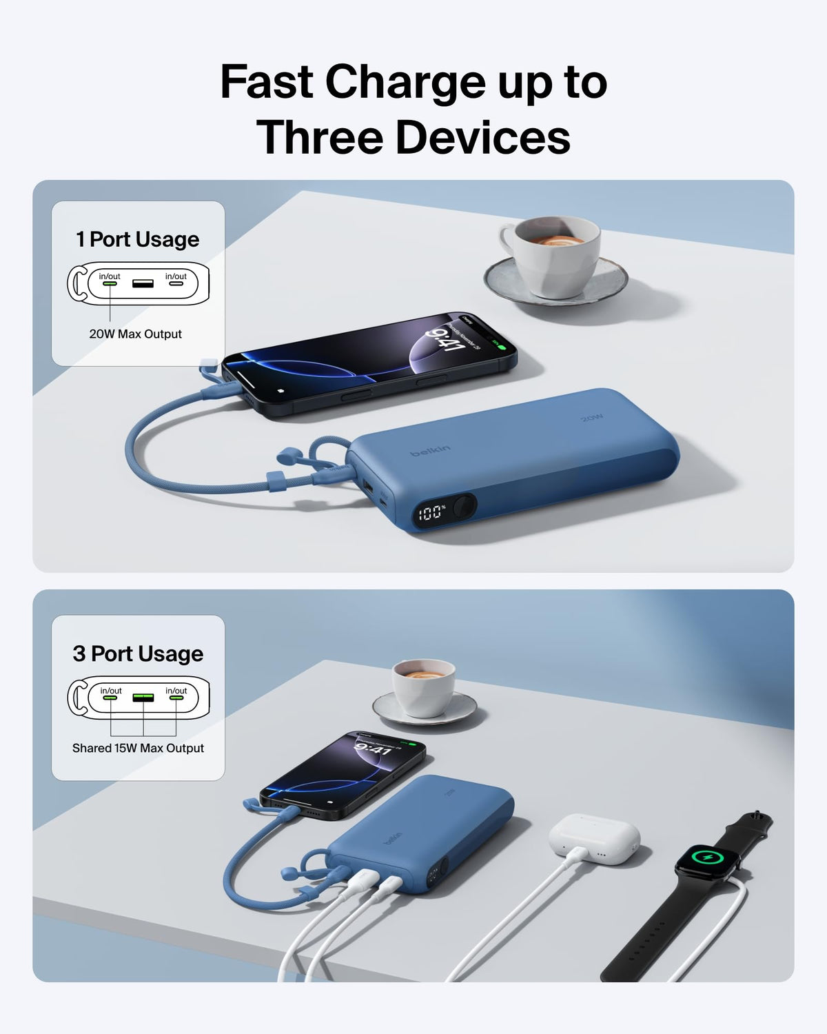 Belkin BoostCharge 20000mAh Power Bank with Digital Battery Display - Blue