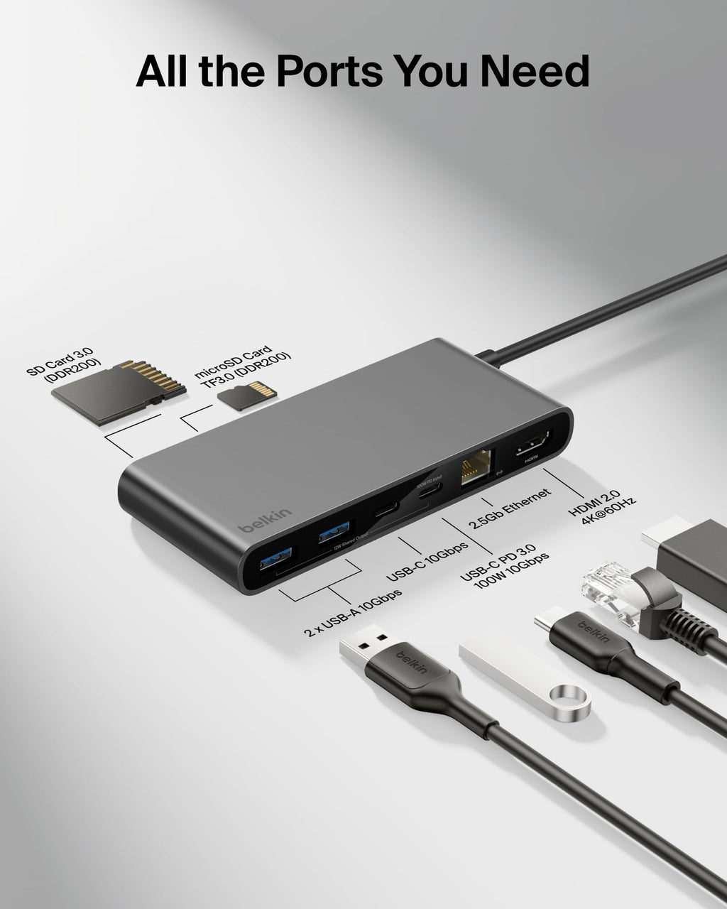 Belkin Connect 8-Port USB C Hub, Supports Display w/Resolutions up to 4K@60Hz - Works with Mac, Windows, and Chromebook - 100W PD w/ 10Gbps Data Transfer Speeds & 2.5Gbps Ethernet - Grey