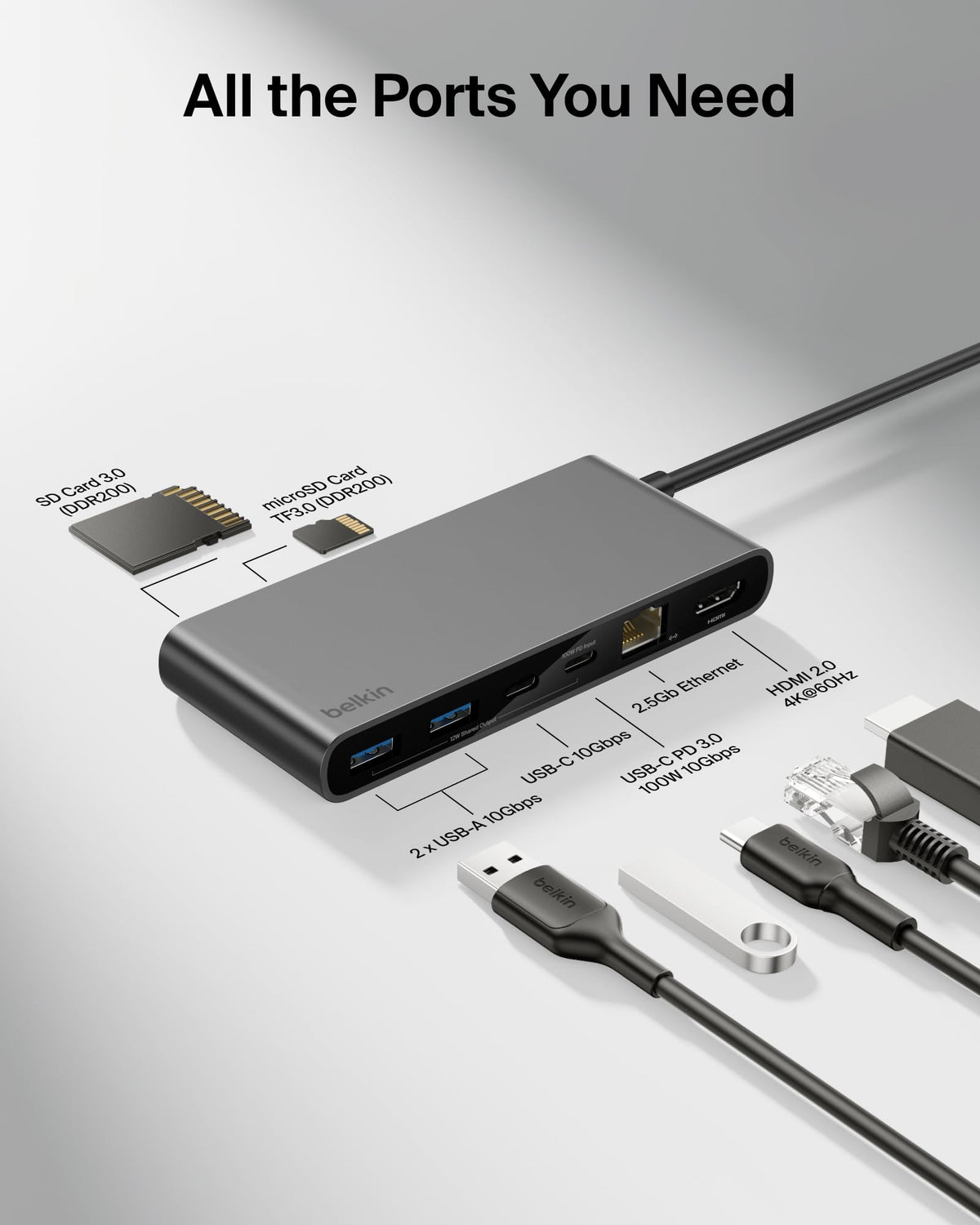 Belkin Connect 8-Port USB C Hub, Supports Display w/Resolutions up to 4K@60Hz - Works with Mac, Windows, and Chromebook - 100W PD w/ 10Gbps Data Transfer Speeds & 2.5Gbps Ethernet - Grey