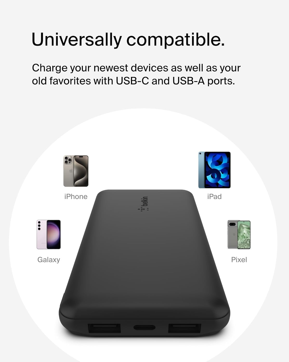 Belkin 10000mAh portable power bank, 10K USB-C portable charger with 1 USB-C port and 2 USB-A ports, battery pack for up to 15W charging for iPhone, Samsung Galaxy, AirPods, iPad, and more - Black